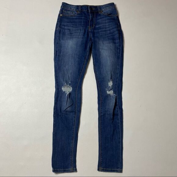 Indigo Rein | Factory Distressed High Rise Skinny Jeans - Picture 1 of 6